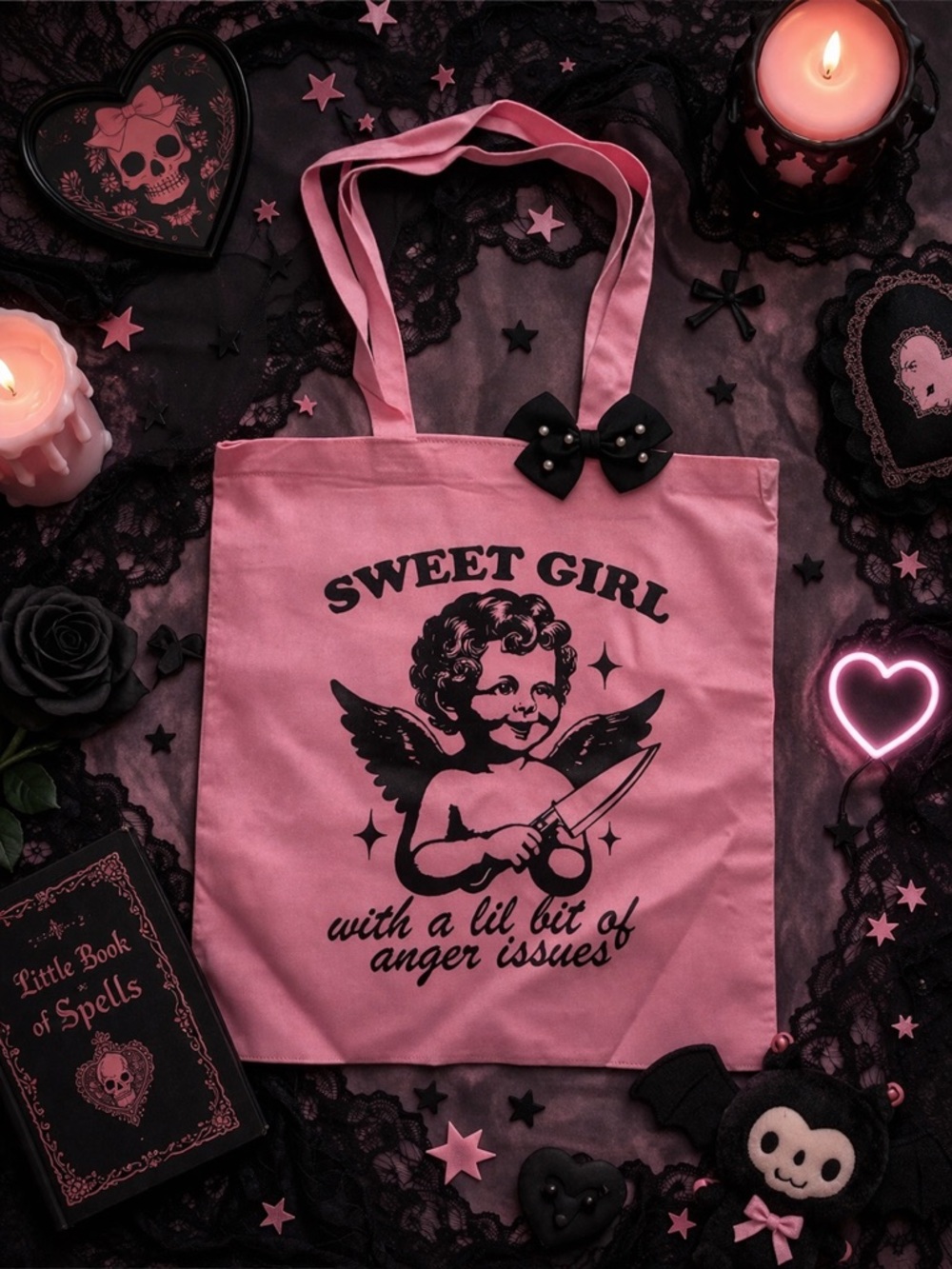 Pink Canvas Tote Bag “Sweet Girl with a Lil Bit of Anger Issues” Angel Graphic